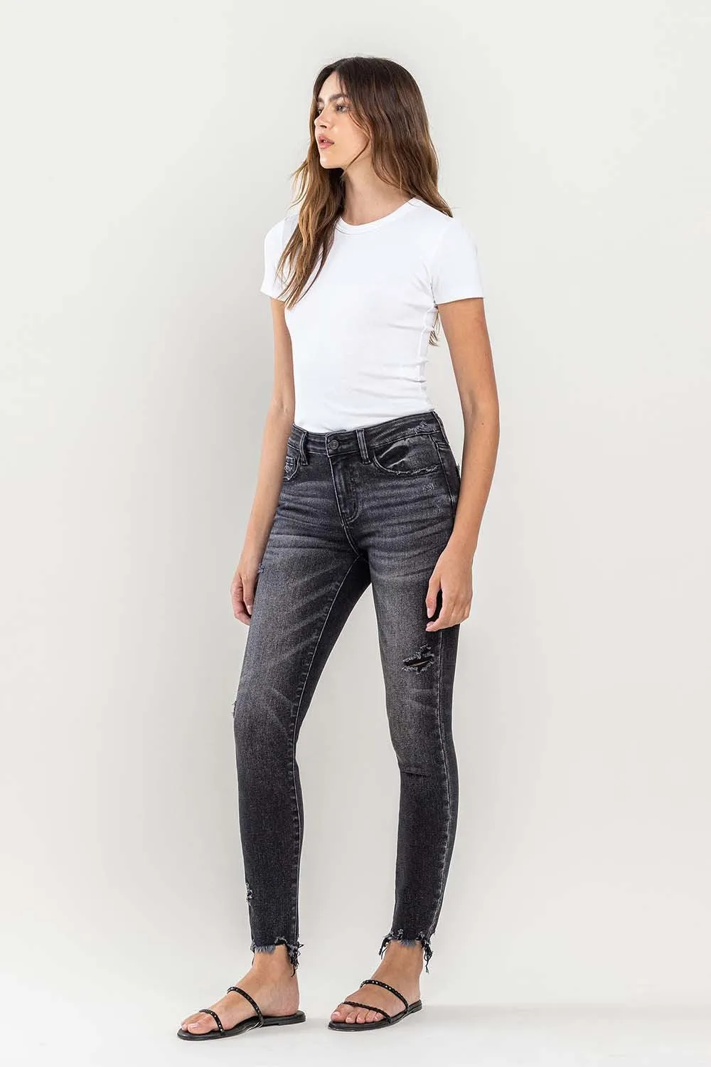 Black Raw Hem Cropped Skinny Jeans KESLEY
