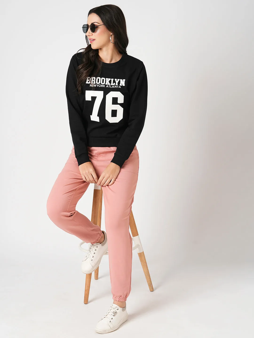 Women Slim Fit Black Printed Sweatshirt